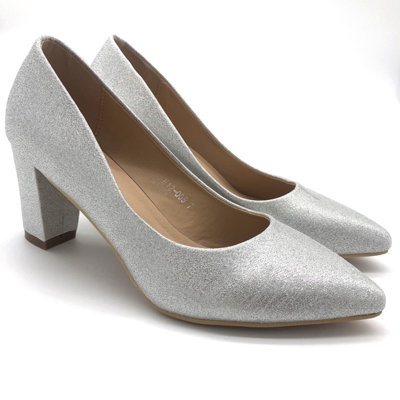 Dread Shoe Silver Chunky Heel Closed Pointed Toe - Picture 2 of 4
